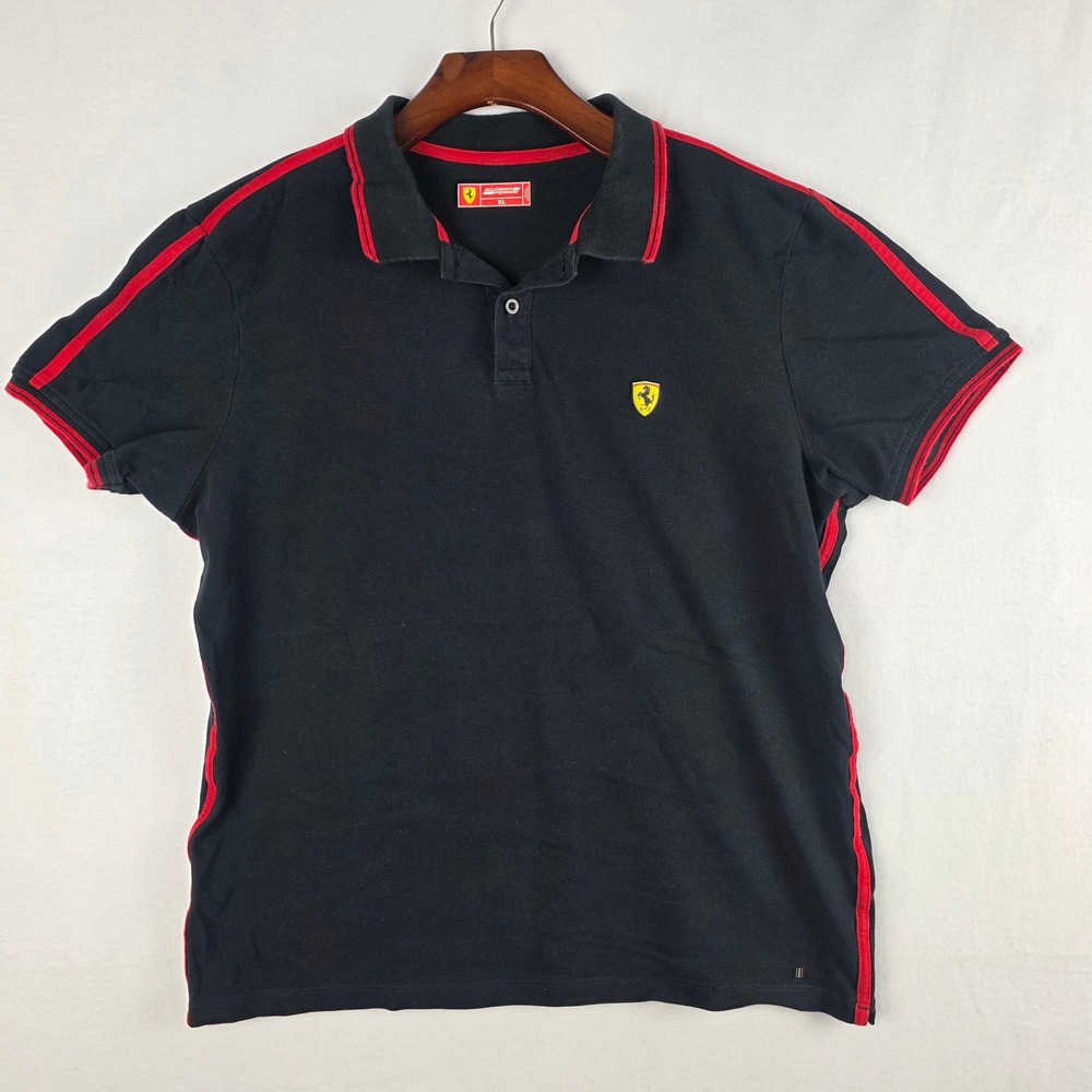 Scuderia Ferrari Men Black Red Trim Racing Shield Logo Polo Shirt Size XL